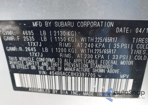 2017 Subaru Outback 2.5I Premium z USA, uszkodzony, nr VIN 4S4BSACC8H3397705